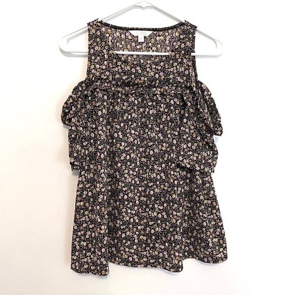 LC LAUREN CONRAD Ruffle Cold Shoulder Top Black Lilac Lavender Multi Floral Boho - Picture 2 of 12